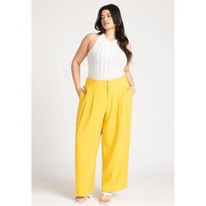 Eloquii Trouser with Pleats 26 Yellow Kiwi Stretch Smock Pockets Straight Leg